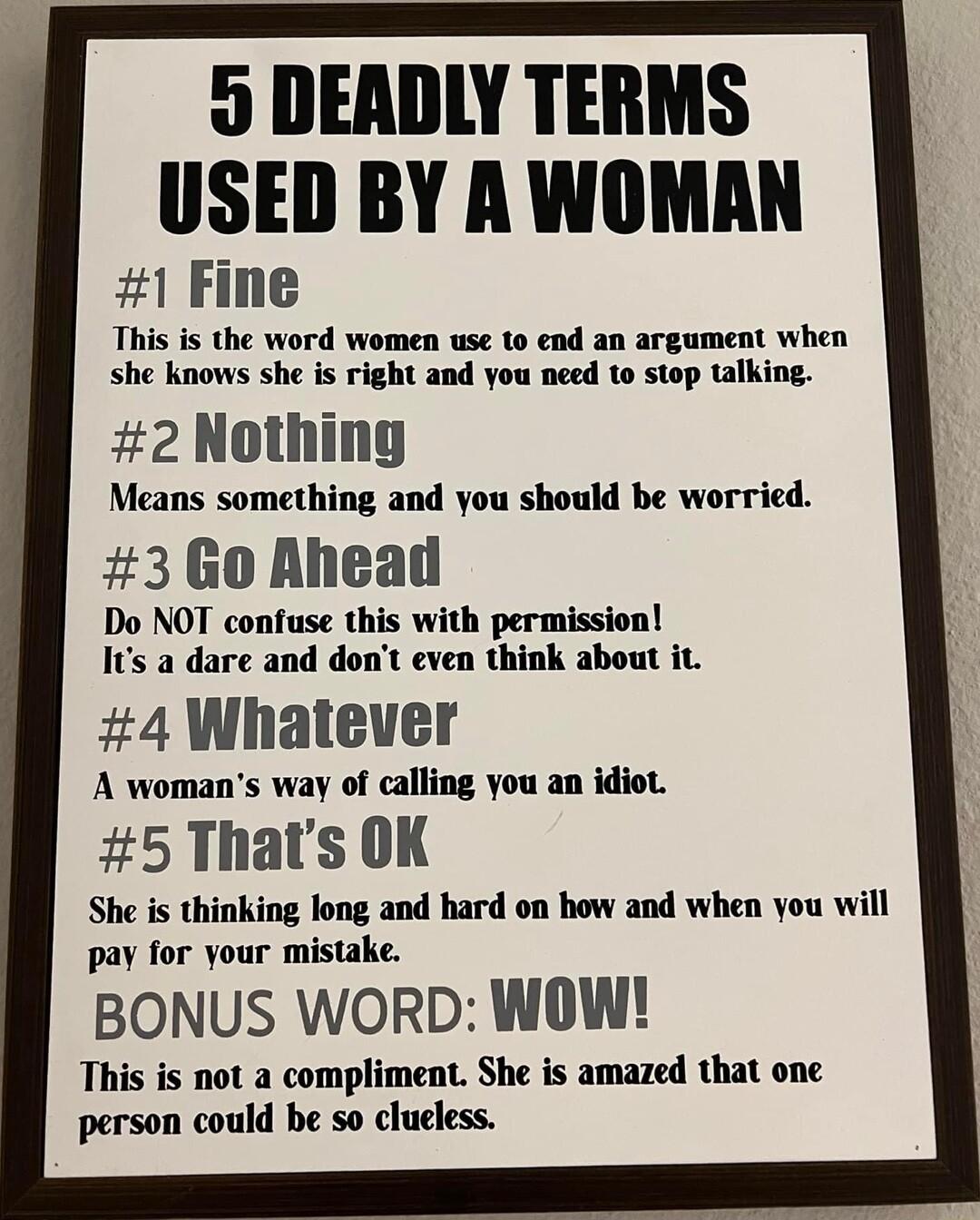 9 DEADLY TERMS USED BY A WOMAN 1 Fine This is the word women use to end an argument when she knows she is right and you need to stop talking 2 Nothing Means something and you should be worried 3 Go Ahead Do NOT confuse this with permission Its a dare and dont even think about it 4 Whatever A womans way of calling you an idiot 5 Thats OK She is thinking long and hard on how and when you will pay fo