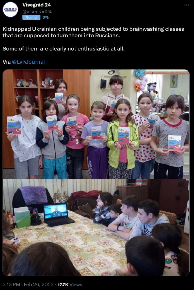 Visegrd Kidnapped Ukrainian children being subjected to brainwashing classes that are supposed to turn them into Russians Some of them are clearly not enthusiastic at all Via Lviviournal K