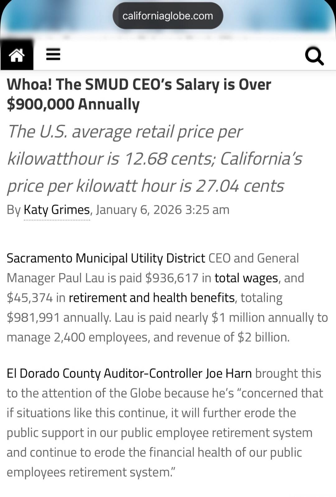 Whoa! The SMUD CEO's Salary is Over $900,000 Annually
The U.S. average retail price per kilowatt hour is 12.68 cents; California's price per kilowatt hour is 27.04 cents
By Katy Grimes, January 6, 2026 3:25 am
Sacramento Municipal Utility District CEO and General Manager Paul Lau is paid $936,617 in total wages, and $45,374 in retirement and health