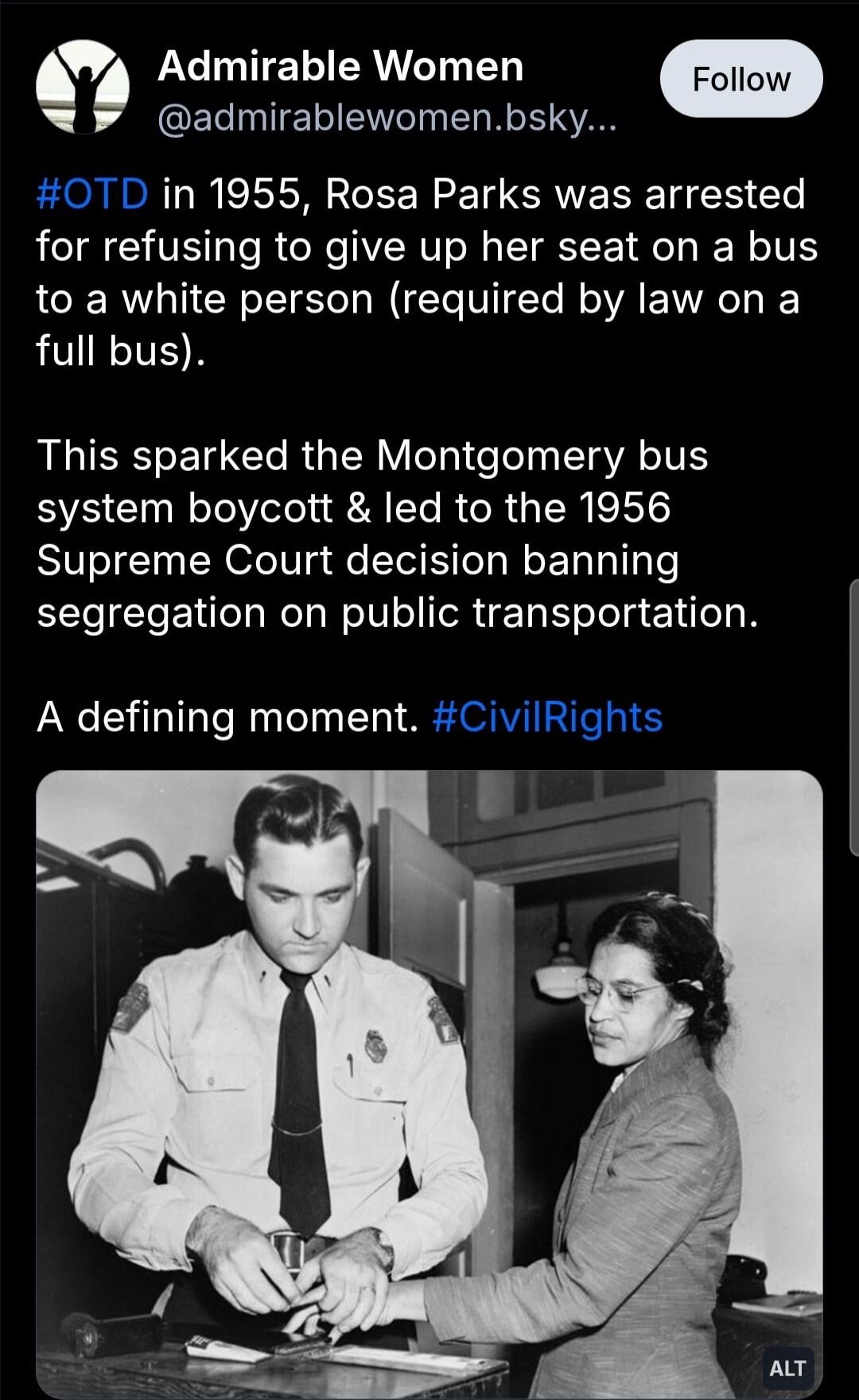 #OTD in 1955, Rosa Parks was arrested for refusing to give up her seat on a bus to a white person (required by law on a full bus). This sparked the Montgomery bus system boycott & led to the 1956 Supreme Court decision banning segregation on public transportation. A defining moment. #CivilRights