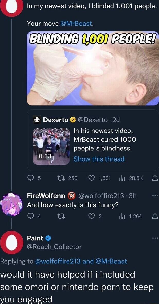 In my newest video blinded 1001 people Your move MrBeast Dexerto Dexerto 2d gy In his newest video MrBeast cured 1000 peoples blindness Show this thread Qs 250 Q 1591 y 88K FireWolfenn wolfoffire213 3h And how exactly is this funny O 4 Q ViF i 1268 Paint Roach_Collector Replying to wolfoffire213 and MrBeast would it have helped if i included some omori or nintendo porn to keep you engaged