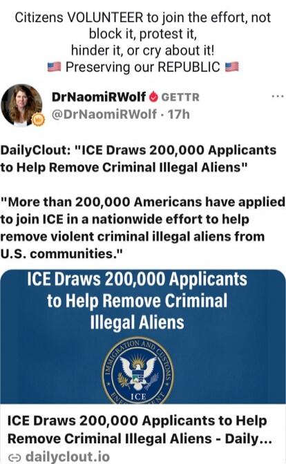 Citizens VOLUNTEER to join the effort, not block it, protest it, hinder it, or cry about it! Preserving our REPUBLIC DrNaomiRWolf GETTR @DrNaomiRWolf • 17h DailyClout: 