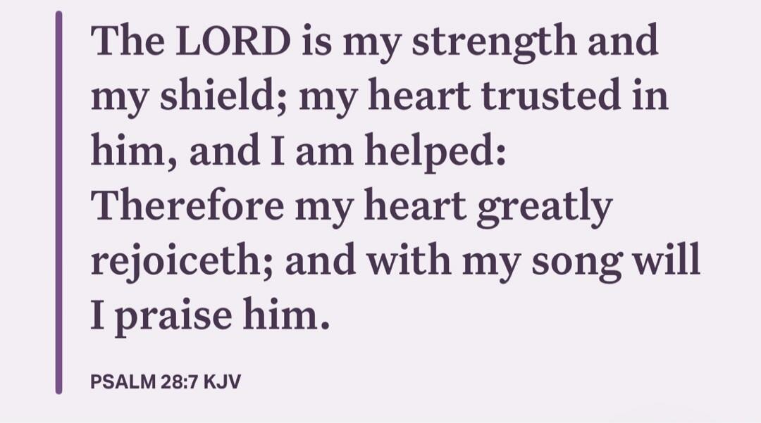 The LORD is my strength and my shield; my heart trusted in him, and I am helped: Therefore my heart greatly rejoiceth; and with my song will I praise him. PSALM 28:7 KJV