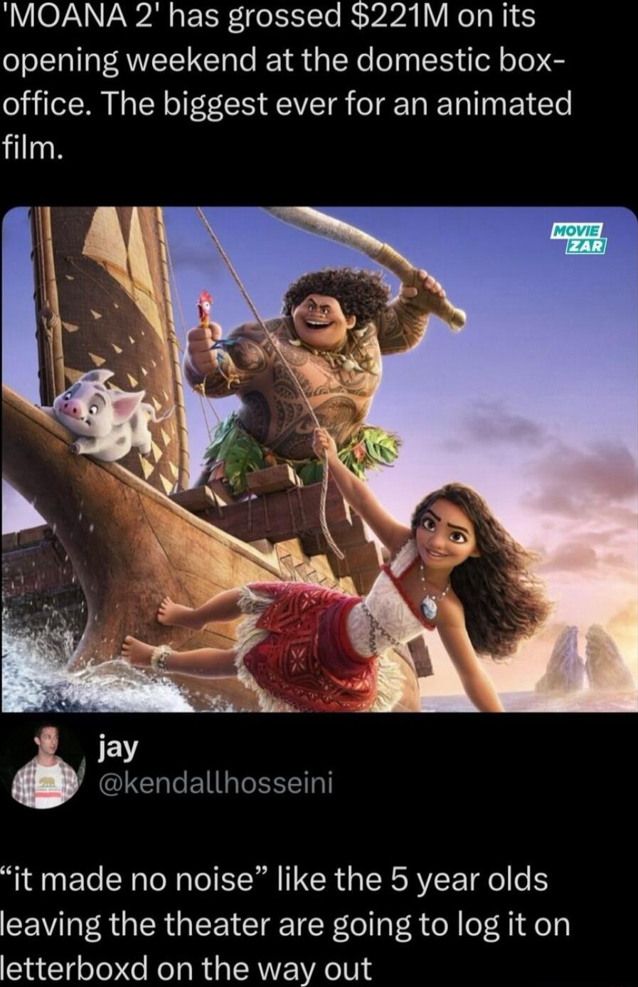 MOANA 2 has grossed 221M on its opening weekend at the domestic box office The biggest ever for an animated film iy RIS EIGIEEET it made no noise like the 5 year olds leaving the theater are going to log it on letterboxd on the way out