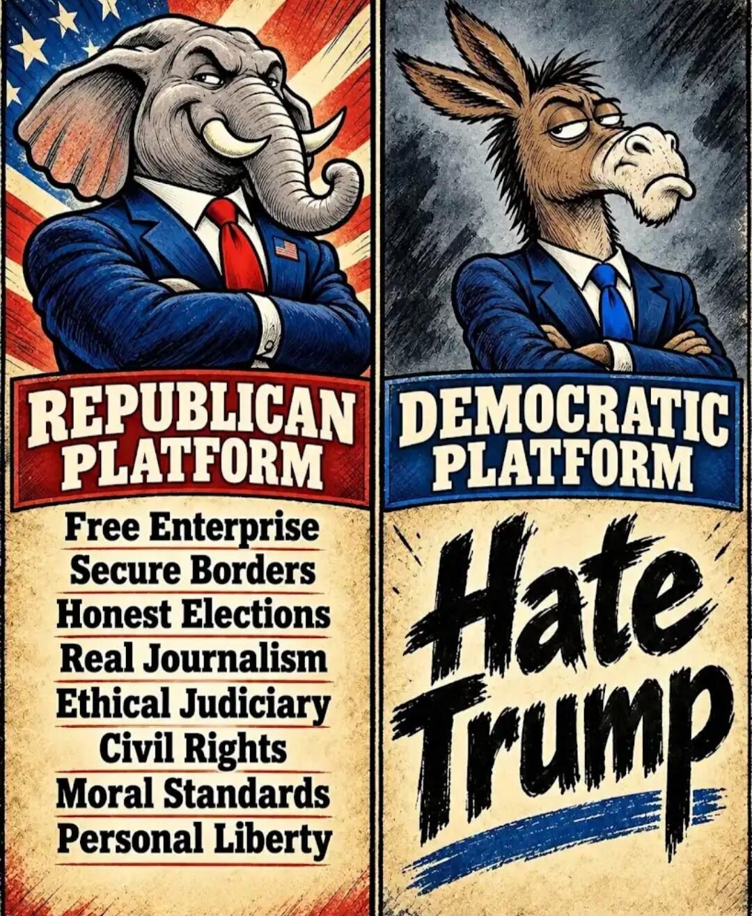 REPUBLICAN PLATFORM: Free Enterprise, Secure Borders, Honest Elections, Real Journalism, Ethical Judiciary, Civil Rights, Moral Standards, Personal Liberty. DEMOCRATIC PLATFORM: Hate Trump
