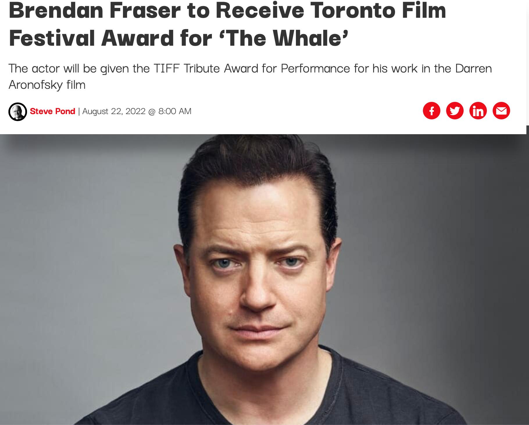 Brendan Fraser to Receive Toronto Film Festival Award for The Whale