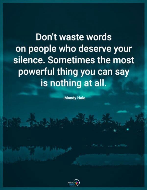 Don't waste words on people who deserve your silence. Sometimes the most powerful thing you can say is nothing at all. -Mandy Hale