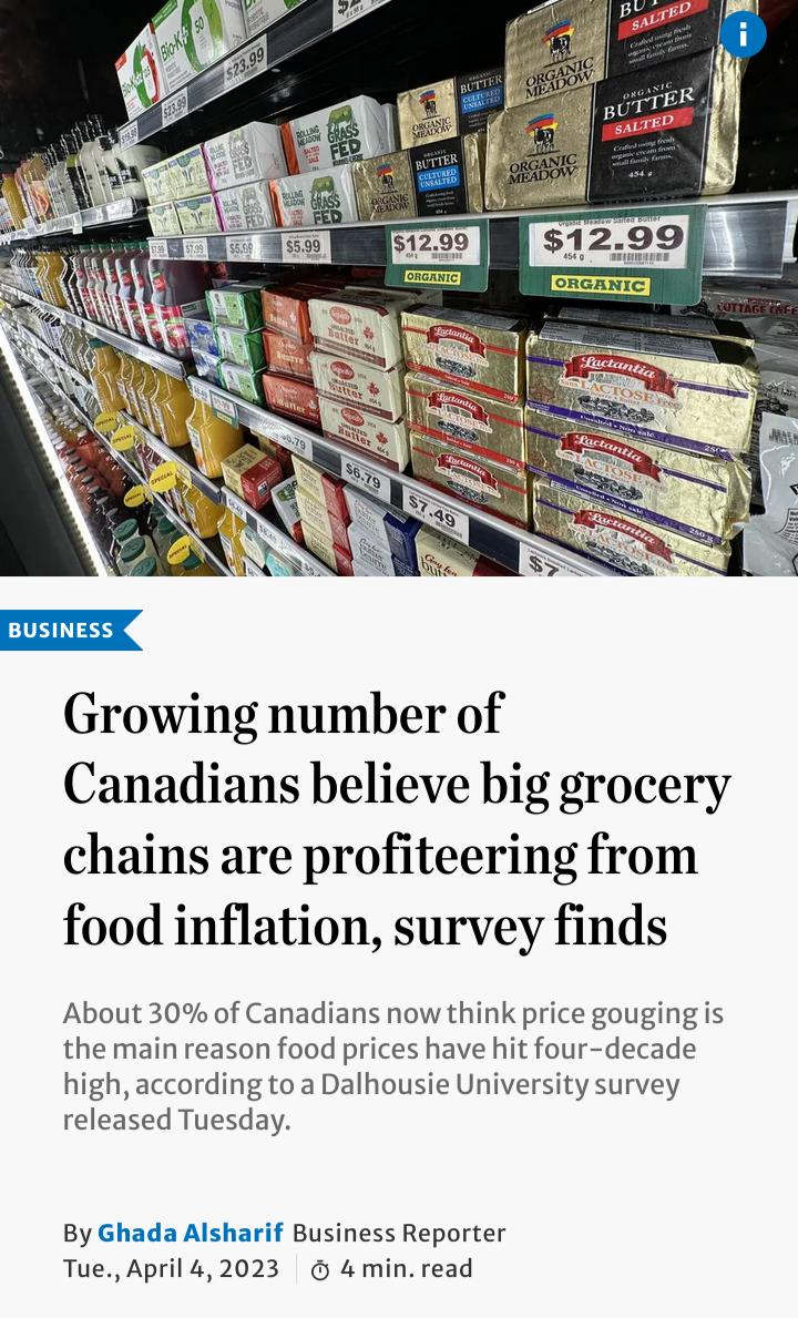 BUSINESS Growing number of Canadians believe big grocery chains are profiteering from food inflation survey finds About 30 of Canadians now think price gouging is the main reason food prices have hit four decade high according toa Dalhousie University survey released Tuesday By Ghada Alsharif Business Reporter Tue April 42023 4 min read