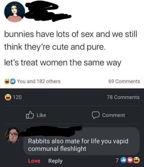 i bunnies have lots of sex and we still think theyre cute and pure lets treat wo the same way D Youand 18 s 69 Comments 120 78 Comments o Like RI Rabbits also mate for life you vapid Lol T VTR TR fe313 Reply 7R85