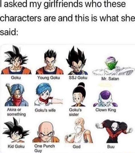 asked my girlfriends who these characters are and this is what she said Goku Young Goku SSJ Goku M Sllln nh L Q yp Akira or Gokus wile Gokus Clown King something sistor 4 uw Kid Goku Ona Punch