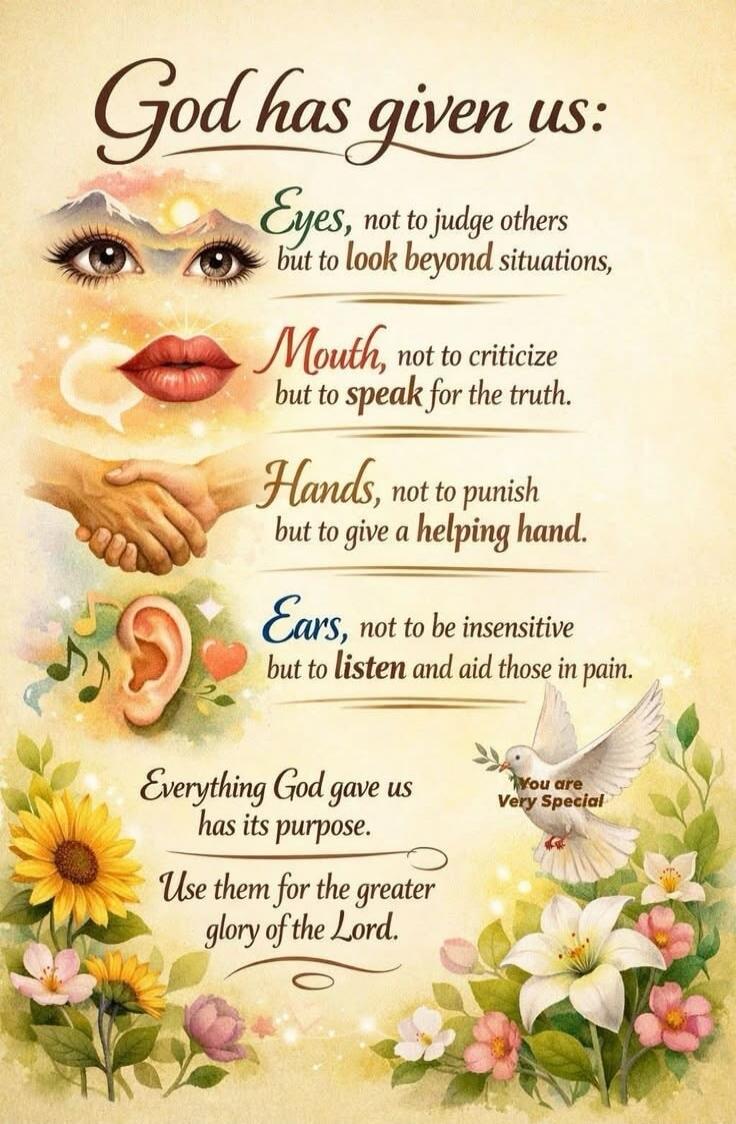 God has given us: Eyes, not to judge others but to look beyond situations. Mouth, not to criticize but to speak for the truth. Hands, not to punish but to give a helping hand. Ears, not to be insensitive but to listen and aid those in pain. Everything God gave us has its purpose. Use them for the greater glory of the Lord. You are Very Special.