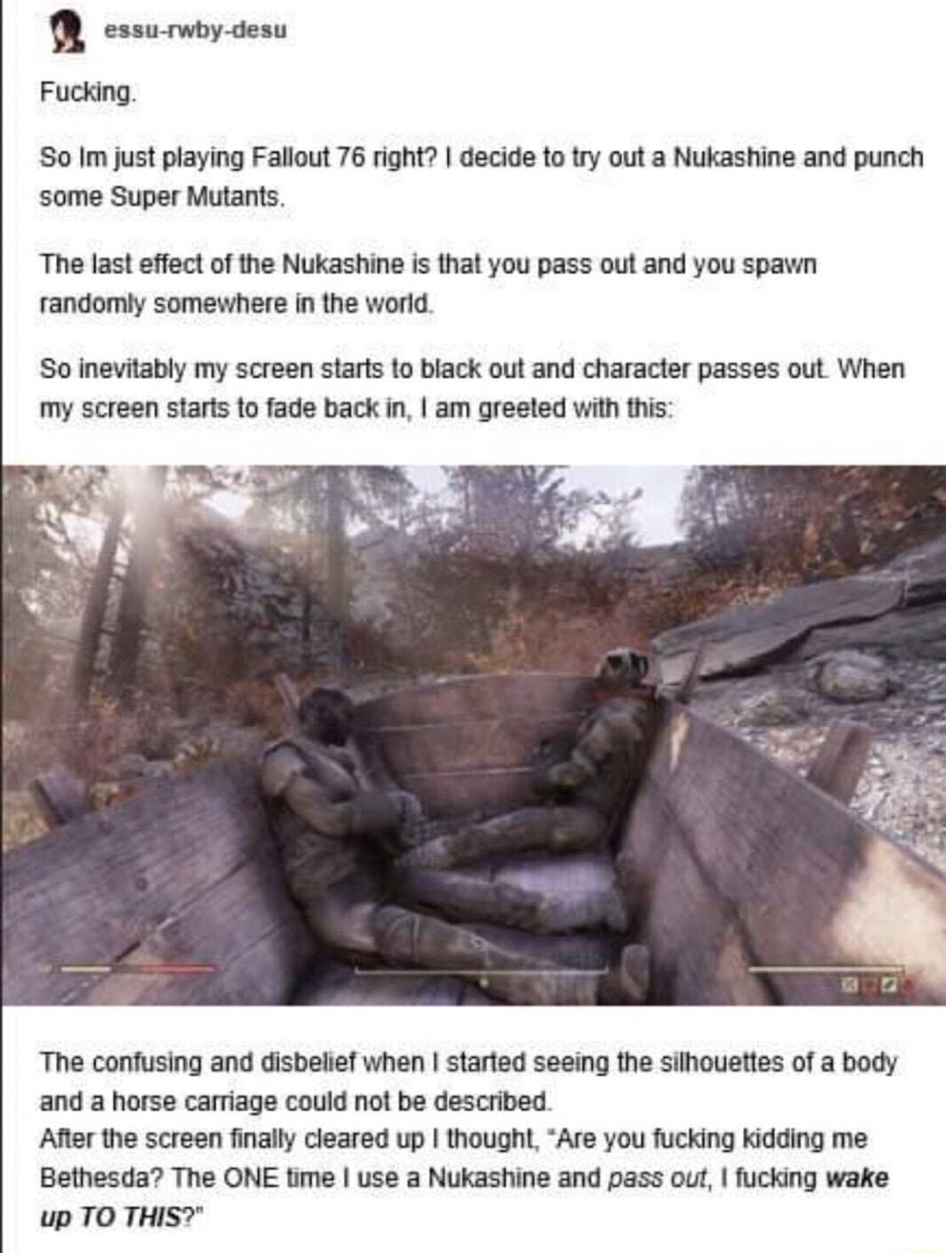 a essu rwby desu Fucking So Im just playing Fallout 76 right decide to try out a Nukashine and punch some Super Mutants The last effect of the Nukashine is that you pass out and you spawn randomly somewhere in the world So inevitably my screen staris to black out and character passes out When my screen staris to fade back in am greeted with this The confusing and disbelief when started seeing the 