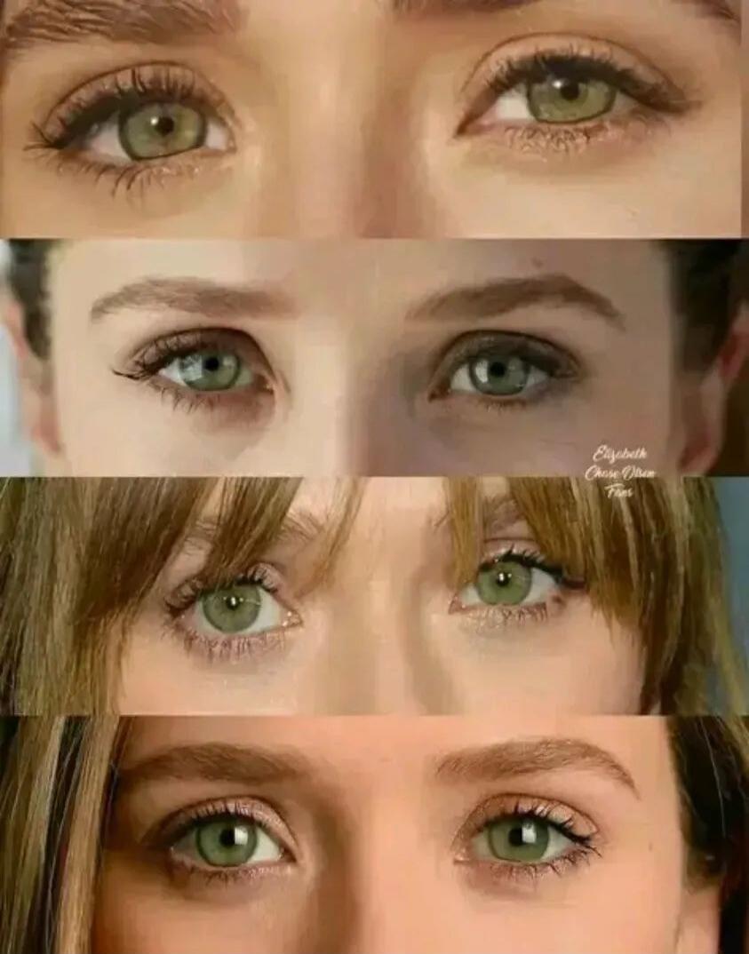 The image displays four close-up shots of a woman's green eyes, likely Elizabeth Olsen, as indicated by the faint text 'Elizabeth Olsen Fan' visible in one of the frames.