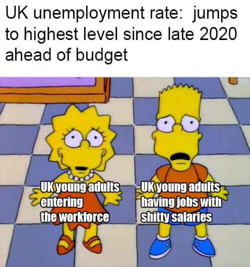 UK unemployment rate: jumps to highest level since late 2020 ahead of budget
UK young adults entering the workforce
UK young adults having jobs with shitty salaries