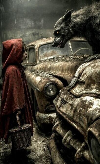 A girl in a red hood stands near a decayed car while a menacing wolf leans over her in a ruined, desolate setting.