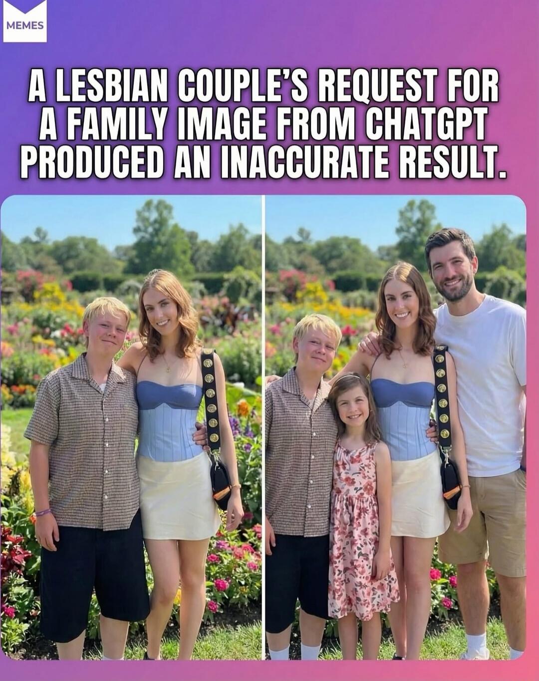 A LESBIAN COUPLE'S REQUEST FOR A FAMILY IMAGE FROM CHATGPT PRODUCED AN INACCURATE RESULT.