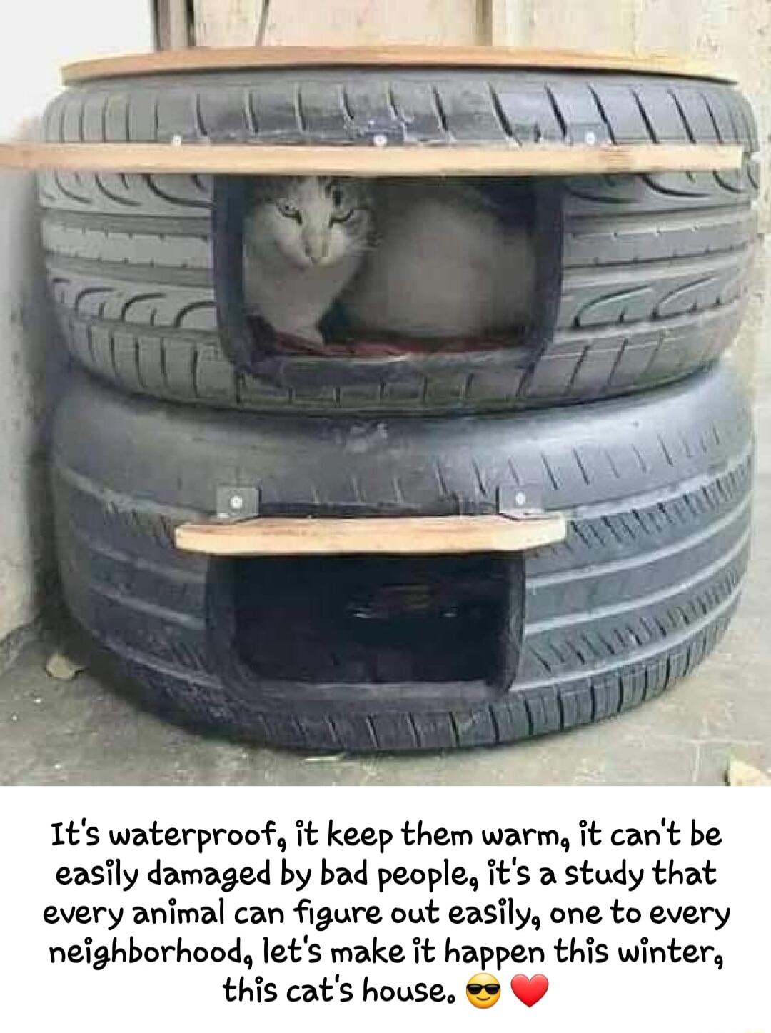Its waterproof it keep them warm it cant be easily damaged by bad people its a study that every animal can figure out easily one to every neighborhood lets make it happen this winter this cats house