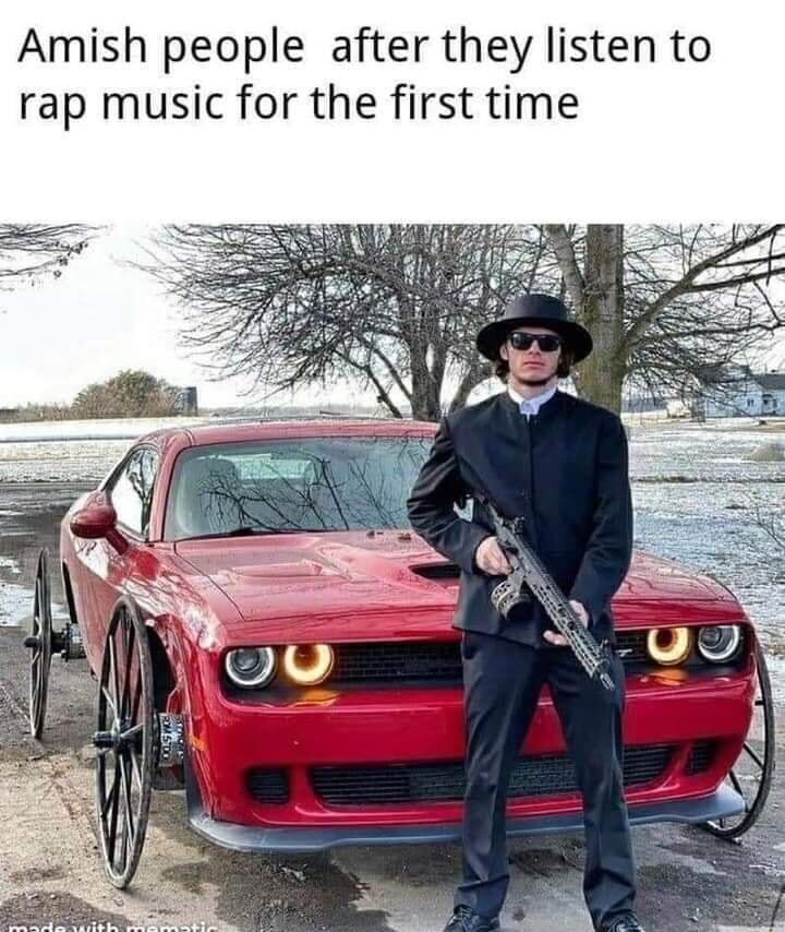 Amish people after they listen to rap music for the first time