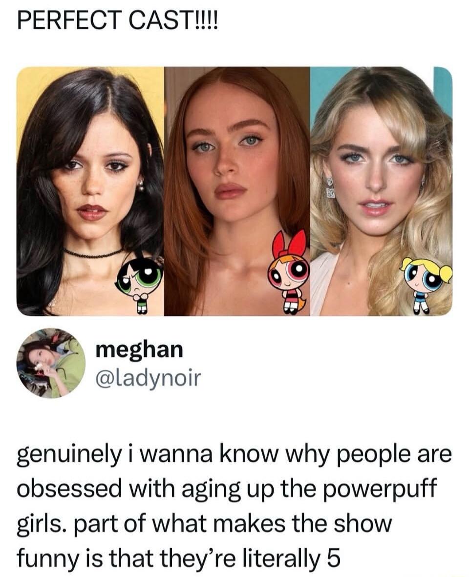 PERFECT CAST!!!! genuinely i wanna know why people are obsessed with aging up the powerpuff girls. part of what makes the show funny is that they're literally 5