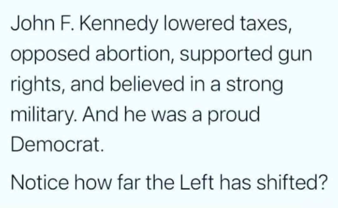 John F Kennedy lowered taxes opposed abortion supported gun rights and believed in a strong military And he was a proud Democrat Notice how far the Left has shifted