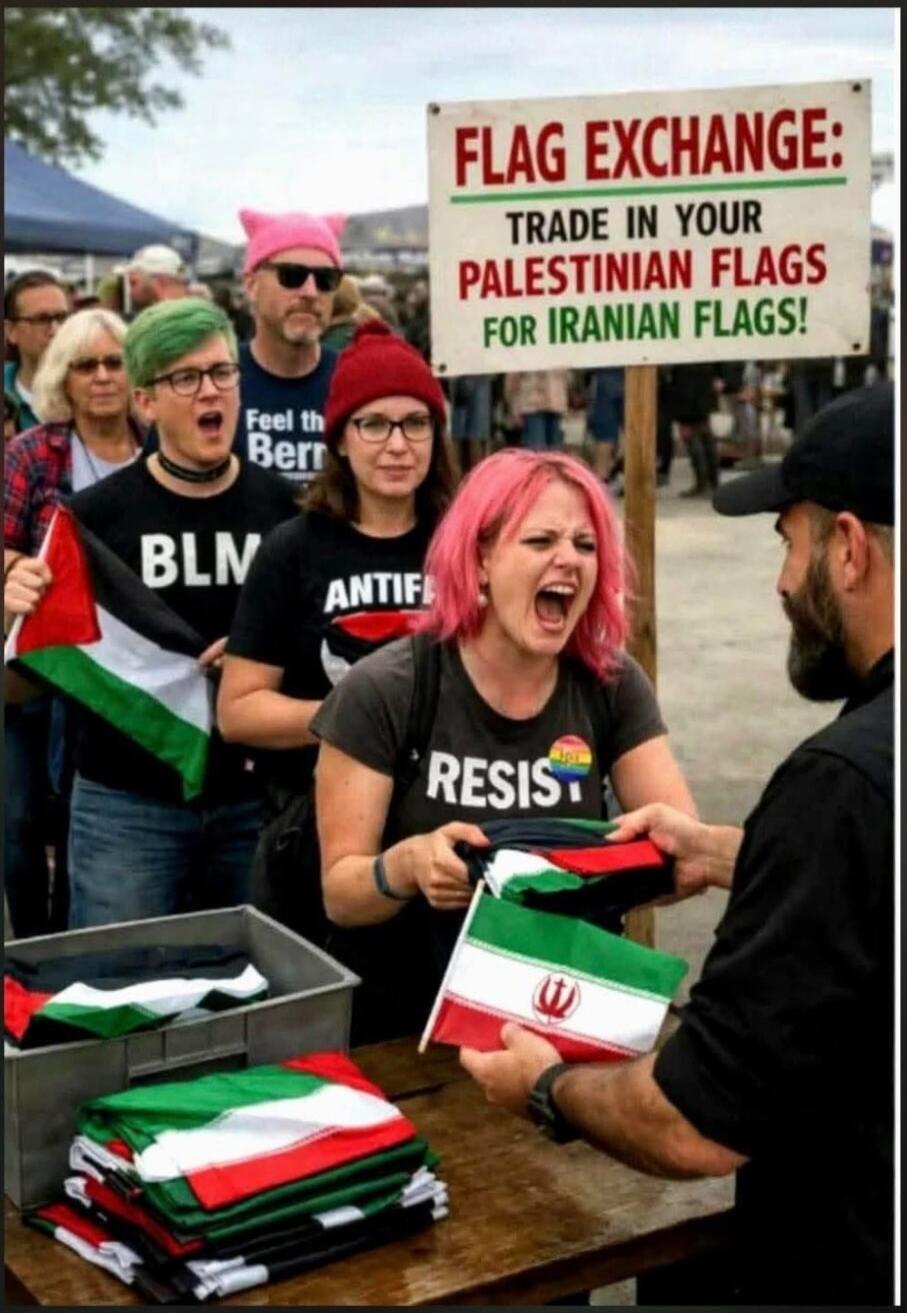FLAG EXCHANGE: TRADE IN YOUR PALESTINIAN FLAGS FOR IRANIAN FLAGS!\nBLM\nANTIFA\nRESIST