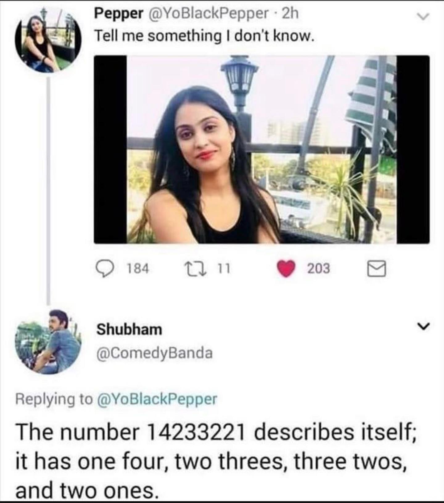 ot i Pepper YoBlackPepper 2h QQ Tell me something dont know J Q 184 1 T 203 M Shubham ComedyBanda Replying to YoBlackPepper The number 14233221 describes itself it has one four two threes three twos and two ones