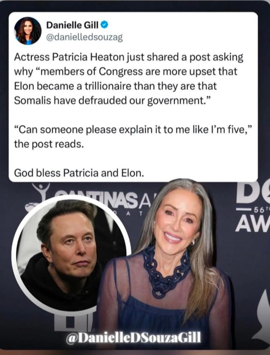 Danielle Gill @danielledsouzag Actress Patricia Heaton just shared a post asking why “members of Congress are more upset that Elon became a trillionaire than they are that Somalis have defrauded our government.” “Can someone please explain it to me like I’m five,” the post reads. God bless Patricia and Elon. @DanielleDSouzaGill