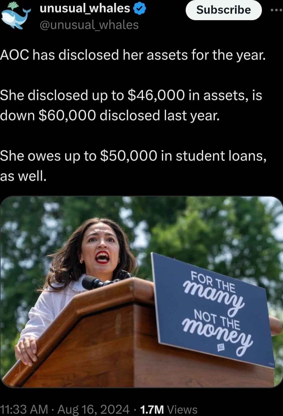 LUENET R B UVEVEIRYLEIE AOC has disclosed her assets for the year She disclosed up to 46000 in assets is down 60000 disclosed last year She owes up to 50000 in student loans as well vy b p L 1133 AM Aug 16 2024 17M Views