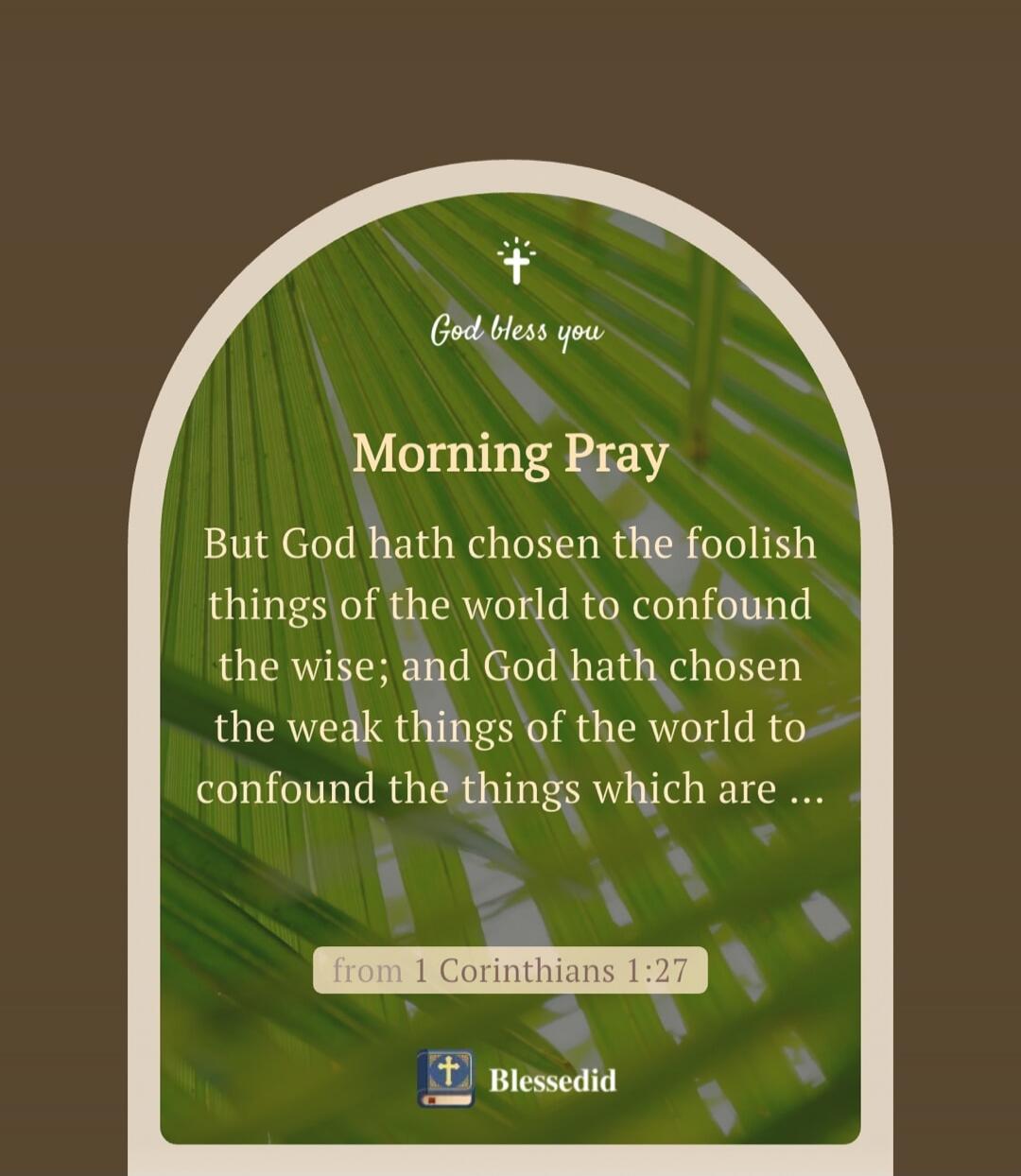 God bless you. Morning Prayer. But God hath chosen the foolish things of the world to confound the wise; and God hath chosen the weak things of the world to confound the things which are... from 1 Corinthians 1:27. Blessedid.