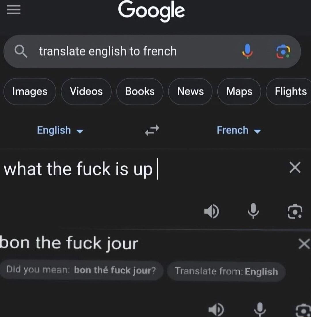 CleTeTs Q_ translate english to french U Images Videos Books News Maps Flights English French v what the fuck is up X bon the fuck jour x Did you mean bon th fuck jour Translate from English