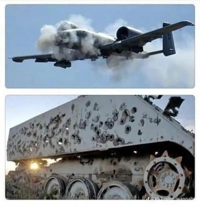 An A-10 Warthog aircraft in flight, emitting smoke, likely from its cannon. Below it, the side of an armored vehicle or tank is shown, heavily damaged and riddled with numerous bullet holes.