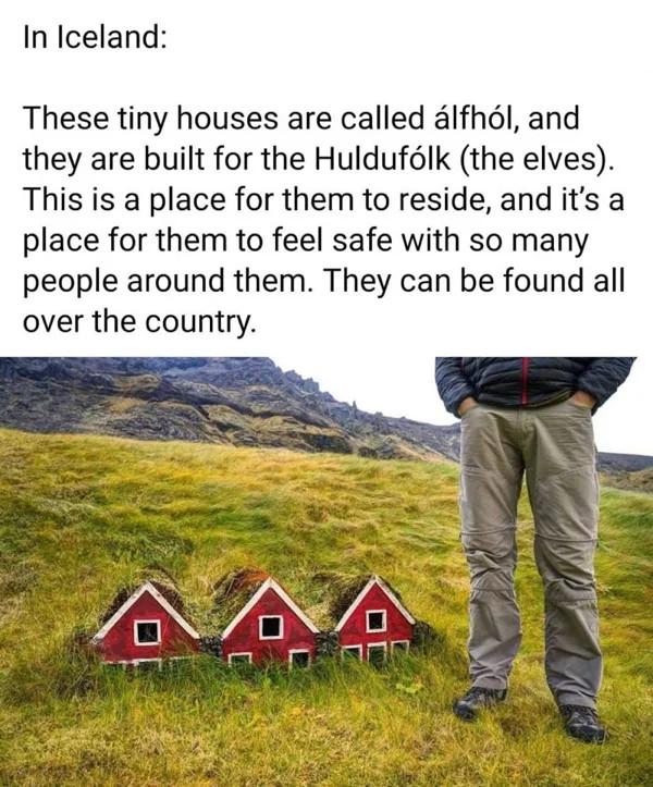 In Iceland These tiny houses are called lfhdl and they are built for the Hulduflk the elves This is a place for them to reside and its a place for them to feel safe with so many people around them They can be found all over the country