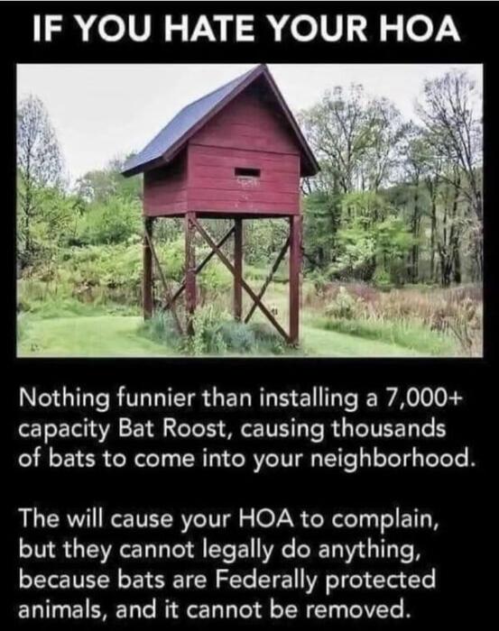 12 olVR VV 0 oV o Nothing funnier than installing a 7000 capacity Bat Roost causing thousands of bats to come into your neighborhood The will cause your HOA to complain but they cannot legally do anything because bats are Federally protected animals and it cannot be removed