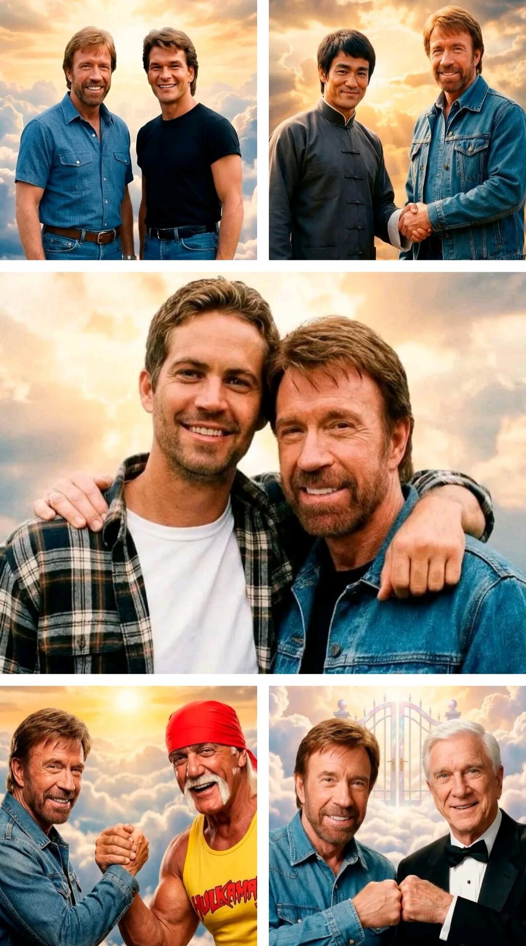 Chuck Norris with various deceased celebrities in heaven, including Patrick Swayze, Bruce Lee, Paul Walker, and Leslie Nielsen. Hulk Hogan is also pictured, despite being alive.