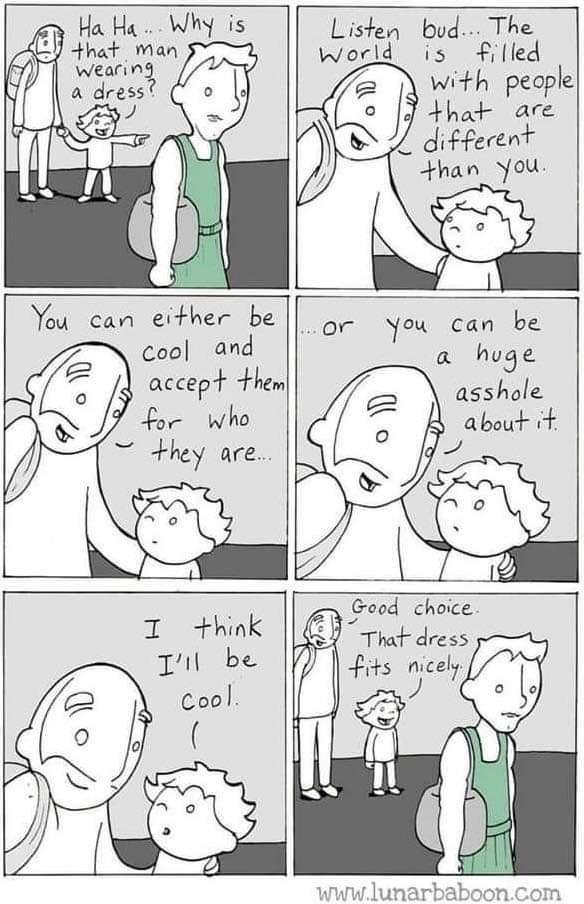 Ha Ha Why is A R a dress e Listen bud The wocld s Filled with peoplel Fhot are diffecent han you You can either be cool and h accept e ol P o who i about they are PN Ao R cr Good choce Thatdress