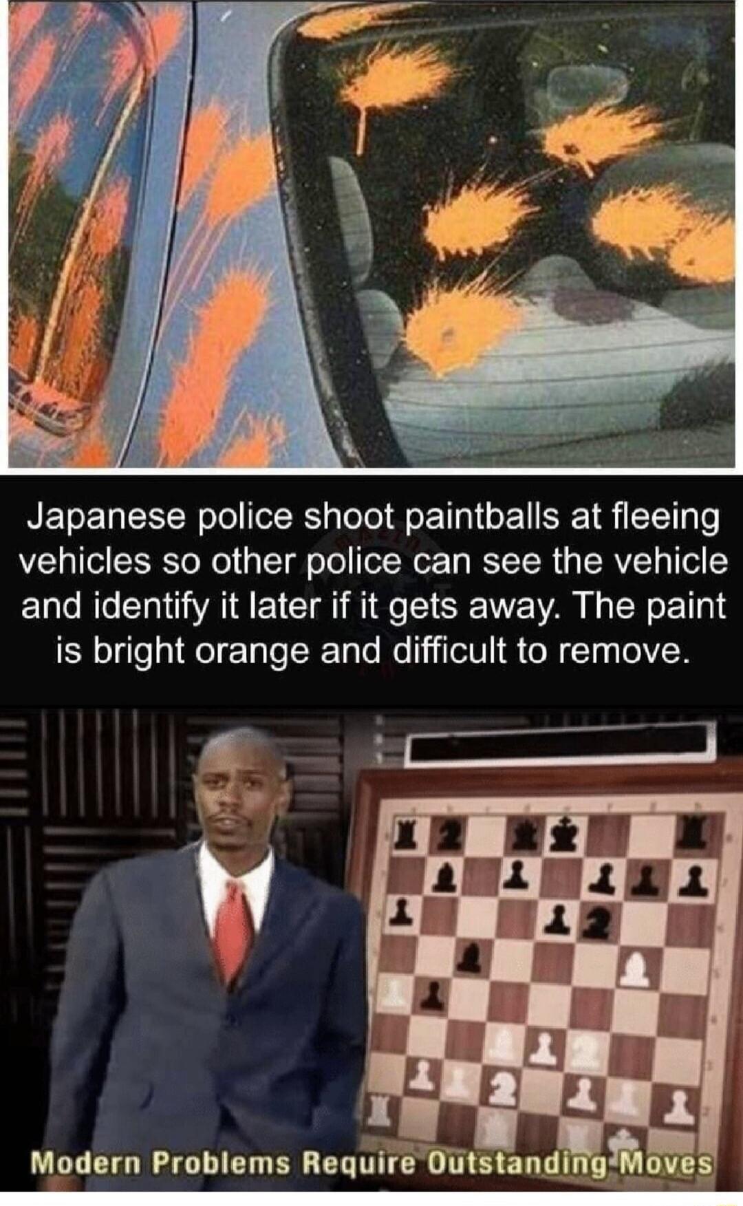 Japanese police shoot paintballs at fleeing vehicles so other police can see the vehicle and identify it later if it gets away The paint is bright orange and difficult to remove Modern Problems Require Dusandlngnvas