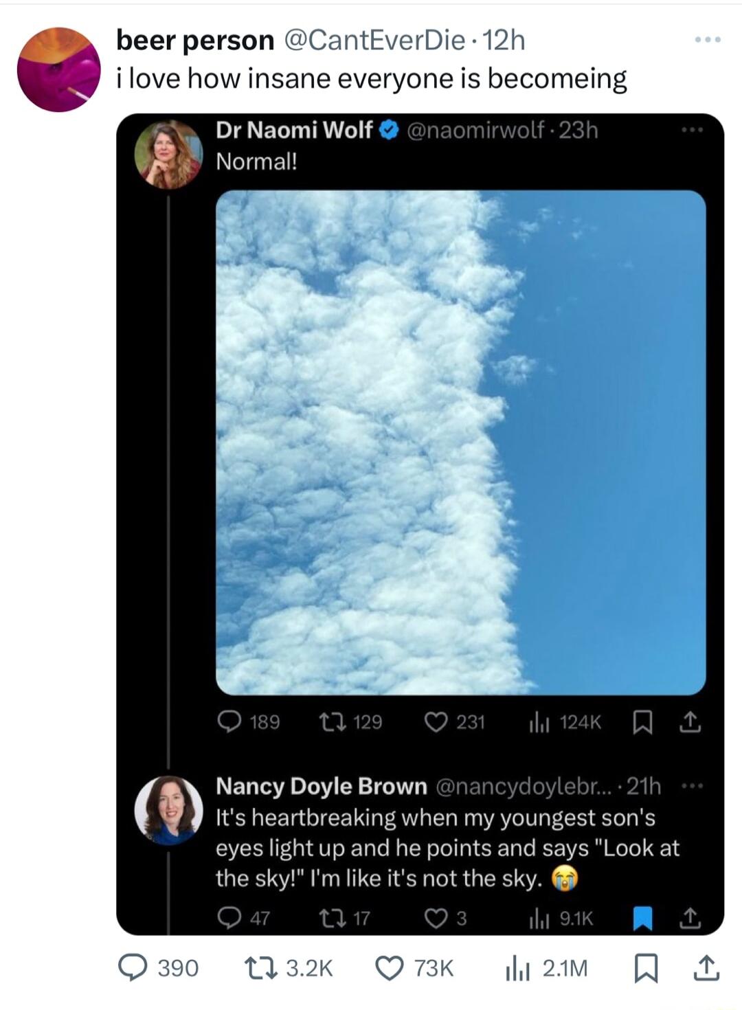 beer person CantE i love how insane everyone is becomeing Nancy Doyle Brown Its heartbreaking when my youngest sons eyes light up and he points and says Look at Im like its not the sky