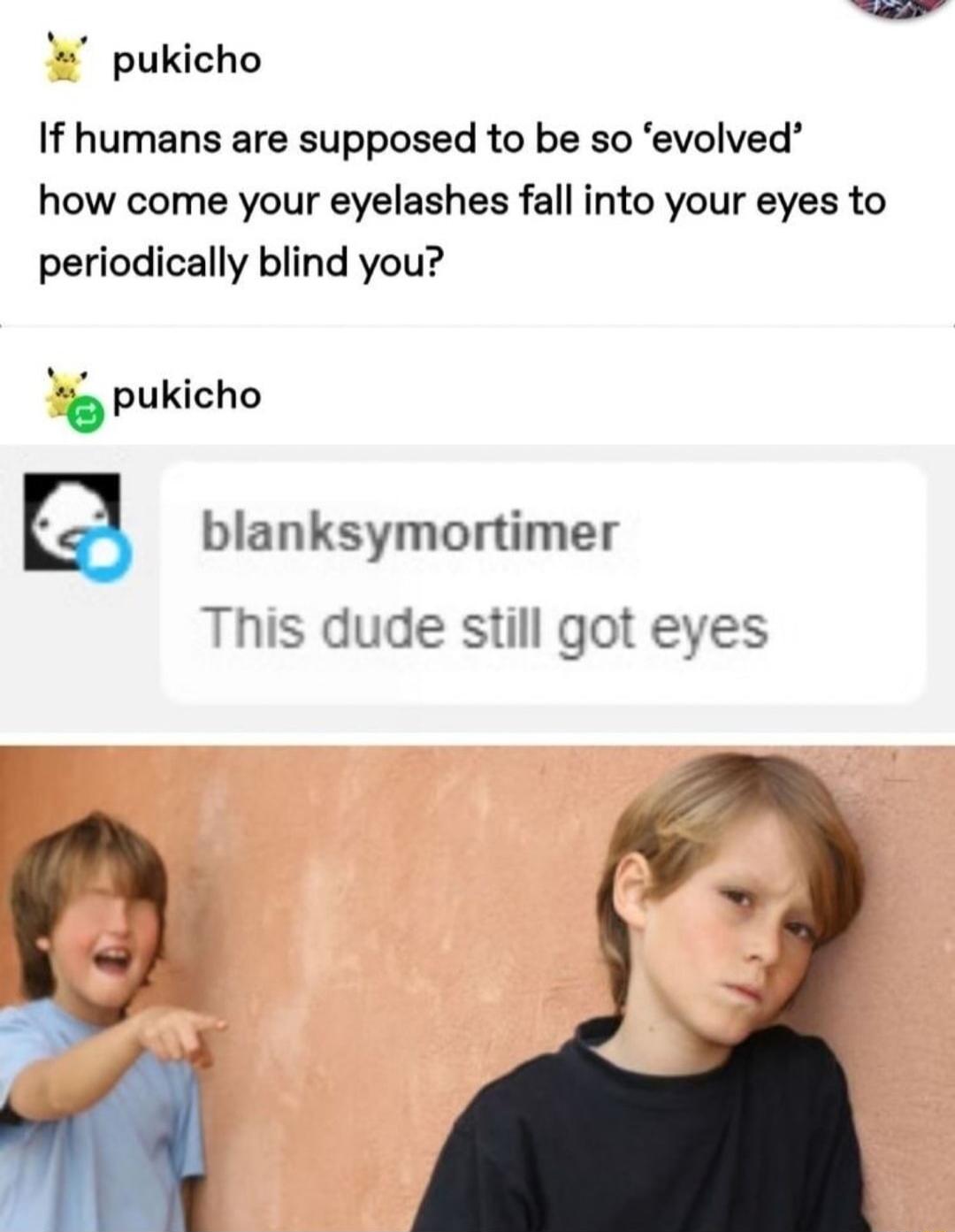 pukicho If humans are supposed to be so evolved how come your eyelashes fall into your eyes to periodically blind you This dude still got eyes 5 4