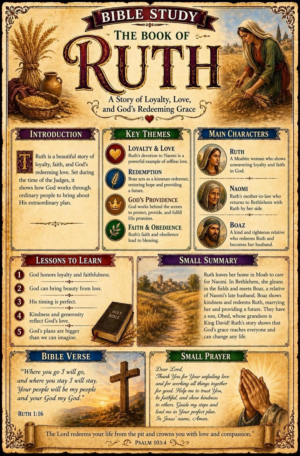 BIBLE STUDY THE BOOK OF RUTH A Story of Loyalty, Love, and God's Redeeming Grace. INTRODUCTION: Ruth is a beautiful story of loyalty, faith, and God's redeeming love. Set during the time of the Judges, it shows how God works through ordinary people to bring about His extraordinary plan. KEY THEMES: LOYALTY & LOVE: Ruth's devotion to Naomi is a powe