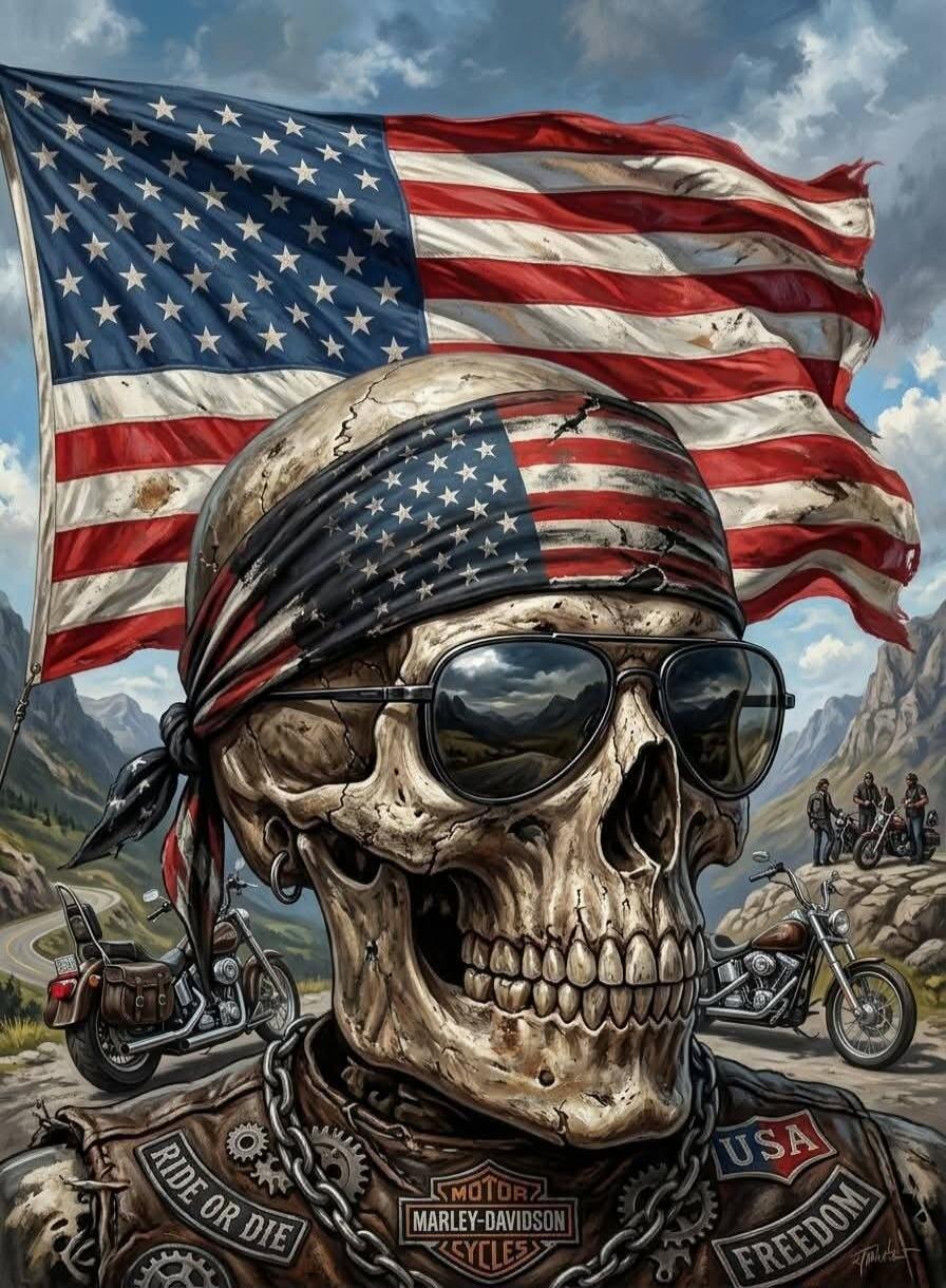 A skull wearing sunglasses and an American flag bandana, with a biker jacket featuring patches that read 'RIDE OR DIE', 'MOTOR HARLEY-DAVIDSON CYCLES', and 'USA FREEDOM'. In the background, a large American flag waves, with mountains and motorcycles on a winding road.