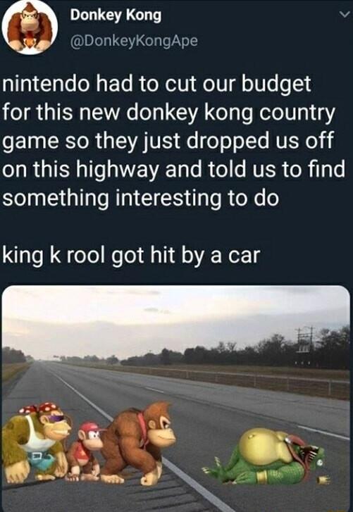 Donkey Kong DonkeyKongApe nintendo had to cut our budget for this new donkey kong country Ll SRR A VIS e o o olTe NVEN e 14 on this highway and told us to find eI LRI CIES e R eXe 6 king k rool got hit by a car