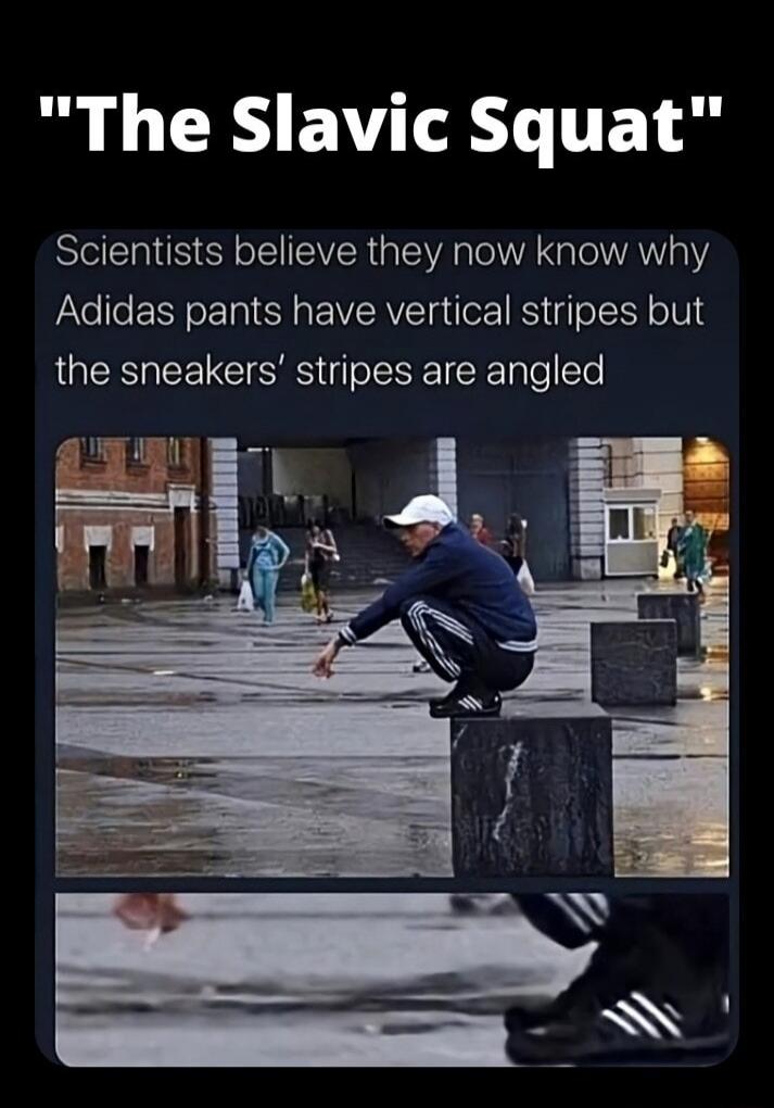 The Slavic Squat Scientists believe they now know why Adidas pants have vertical stripes but the sneakers' stripes are angled