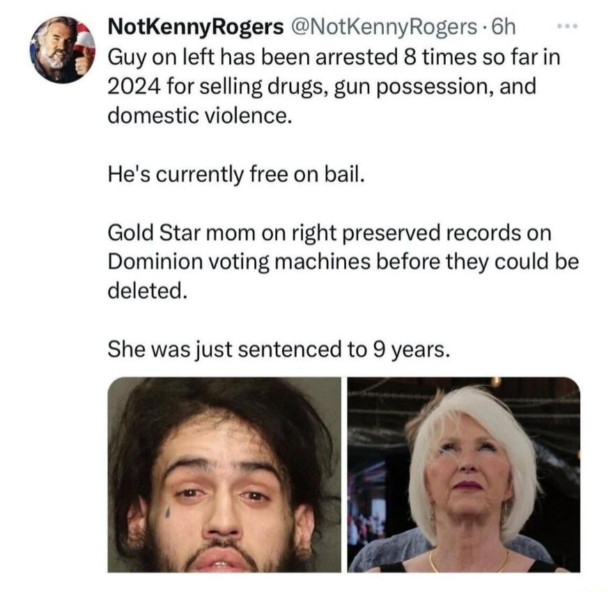 Guy on left has been arrested 8 times so farin 2024 for selling drugs gun possession and domestic violence Gl NotKennyRogers NotKennyRogers 6h Hes currently free on bail Gold Star mom on right preserved records on Dominion voting machines before they could be deleted She was just sentenced to 9 years