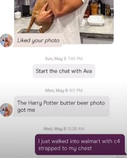 a Liked your photo _ Start the chat with Ava The Harry Potter butter beer photo got me