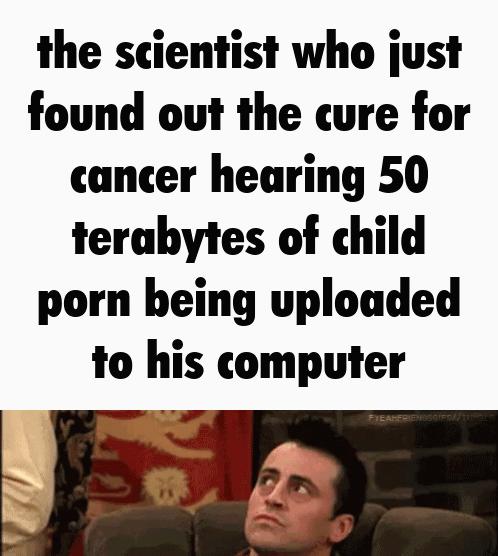 the scientist who just found out the cure for cancer hearing 50 terabytes of child porn being uploaded to his computer 4