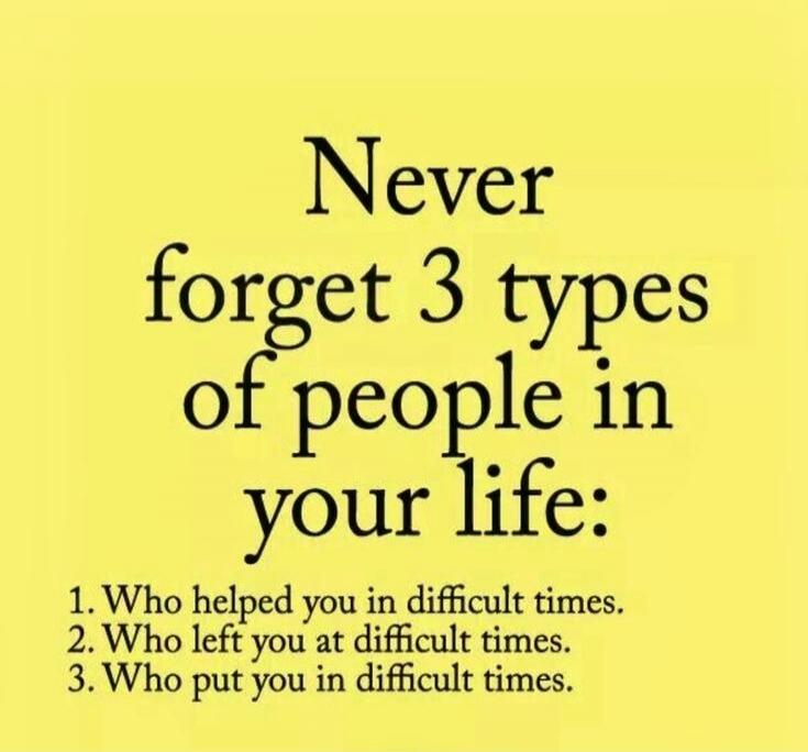 Never forget 3 types of people in your life: 1. Who helped you in difficult times. 2. Who left you at difficult times. 3. Who put you in difficult times.