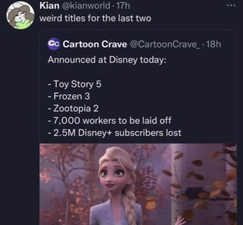 L C L RCRERNTLG RV weird titles for the last two Cartoon Crave CartoonCrave_ 18h LULCILEEL T o B R G EN Toy Story 5 Frozen3 Zootopia 2 7000 workers to be laid off 25M Disney subscribers lost