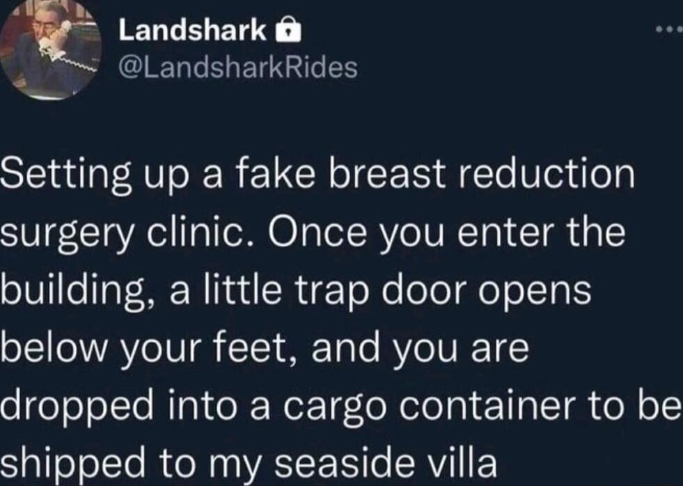 Landshark T EGETGIG S Setting up a fake breast reduction surgery clinic Once you enter the building a little trap door opens oI1oWVAVeIVI T1 Talo RYeIVIE T dropped into a cargo container to be shipped to my seaside villa