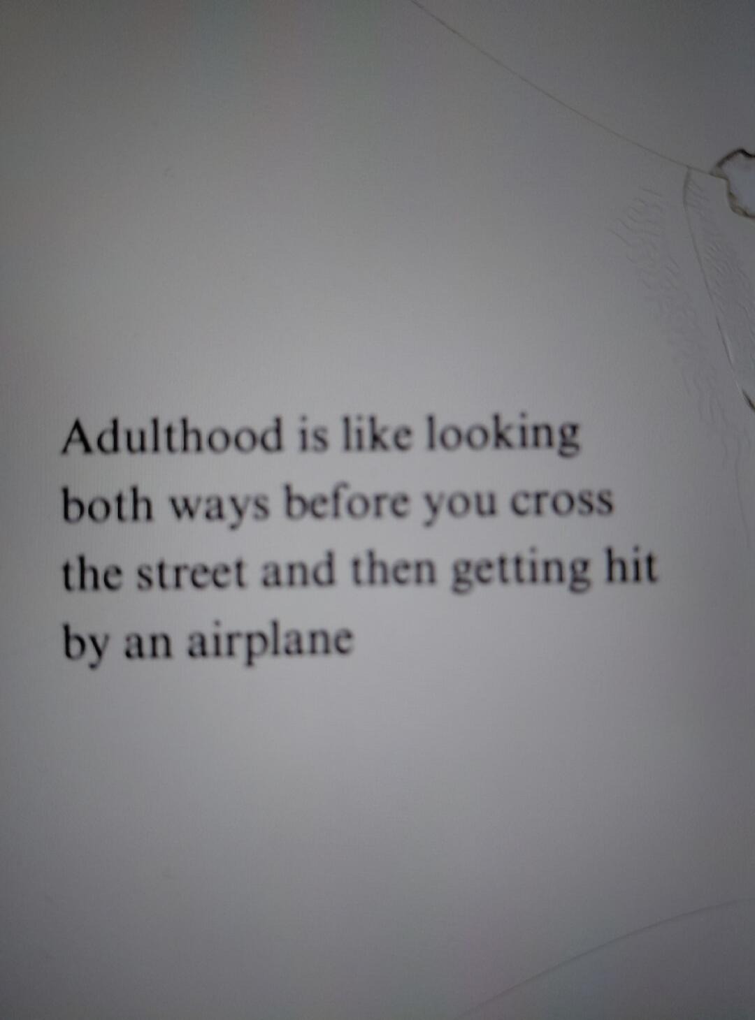 Adulthood is like looking both ways before you cross the street and then getting hit by an airplane