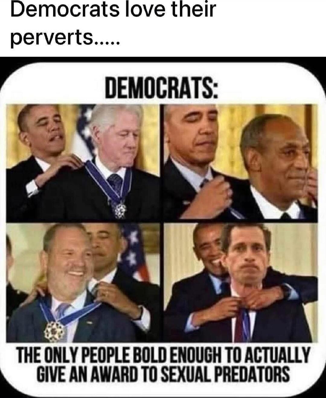 Democrats love their perverts..... DEMOCRATS: THE ONLY PEOPLE BOLD ENOUGH TO ACTUALLY GIVE AN AWARD TO SEXUAL PREDATORS